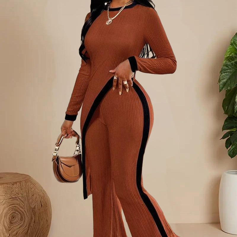 Women's Elegant Round-neck Two-piece Long-sleeved Pants With Decorative Edges For Spring & Fall