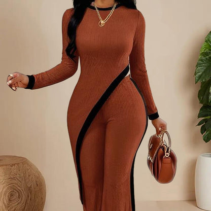 Women's  Elegant Round-neck Two-piece Long-sleeved Pants With Decorative Edges For Spring & Fall