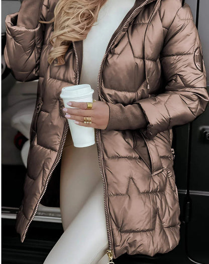Solid Color Hooded Mid-length Cotton Coat With Three Zippers